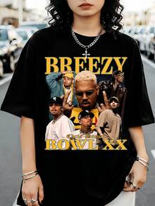 C-ChrisS Brown Graphic Breathable T-Shirt, Retro R&B Crew Neck T-Shirt, Casual Black Short Sleeve Top For Fans - Black - View 6