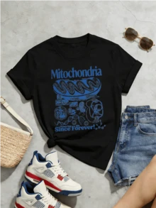 Women's Summer Casual Soft Round Neck Short Sleeve T-Shirt,Blue Mitochondria Science Print Graphic Suitable For Spring Summer.Black - Black - View 5