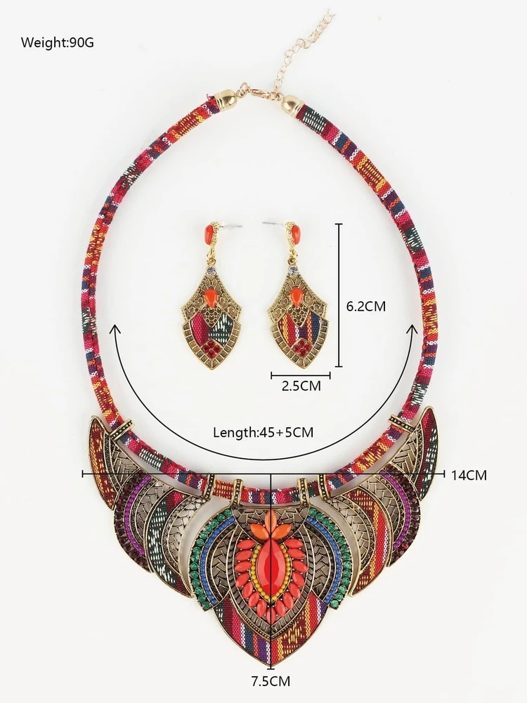Random Patterned Bohemian Necklace Set, 1pc African Statement Necklace & 1 Pair Earrings, Suitable For Women's Festivals, Cultural Parties, Travel, Daily Outfit Jewelry Accessories