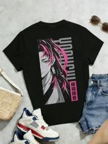 Women's Summer Casual Soft Round Neck Short Sleeve T-Shirt,The Pink Hair Anime Character Print Graphic Fits Spring And Summer Wear. - Black - View 5