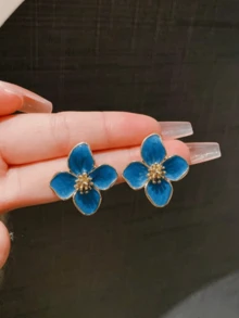 1 Pair Colorful Oil Drip Clover Flower Stud Earrings, Suitable For Girls' Daily Wear - Blue - View 2