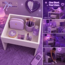 Vanity Desk Set With LED Lighted Mirror, Cute Y2K Makeup Vanity Table With Lockable Storage Drawer, Open Shelves & Matching Stool, Aesthetic Dressing Table For Girls Teens Women, Space Saving Bedroom Dorm Furniture, Perfect Gift For Her - White - View 8