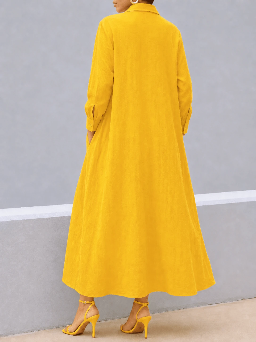 Bright Yellow Loose Long Button-Up Shirt, Summer Beach Casual Cover-Up Top Elegant - Yellow - View 1
