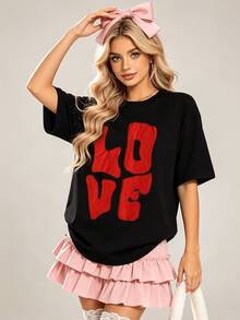 Women's Summer Casual Soft Round Neck Short Sleeve T-Shirt,Red "LOVE" Wavy Text Print Graphic Suitable For Spring Summer.Black - Black - View 4