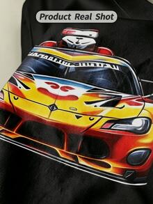 Women's Summer Casual Soft Round Neck Short Sleeve T-Shirt,Colorful Racing Car Print Graphic Suitable For Spring Summer.White - Black - View 3