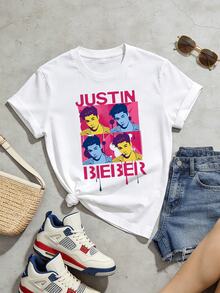 Maglietta estiva casual da donna con scollo rotondo morbido e maniche corte, stampa grafica pop art di rapper star, adatta per primavera ed estate.Bianco - Bianco - Visualizzare 5