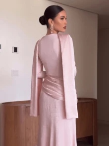 纯色优雅荷叶边正式礼服，适合婚礼、宴会、鸡尾酒会等场合 - 淺粉色 - 查看 5
