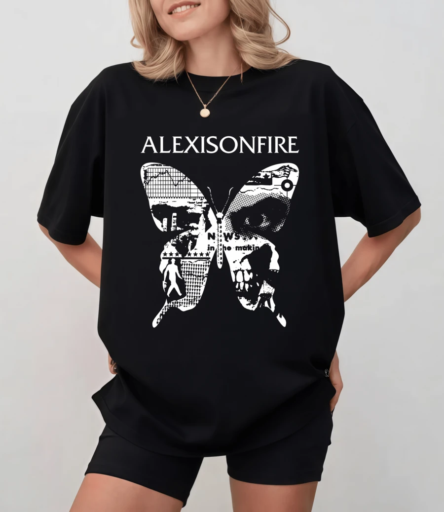 AAlexisonfire beskuren t-shirt med vintagetryck av fjärilar och dödskalle, för unisex-fans av klassisk posthardcore - Svart - Visa 1