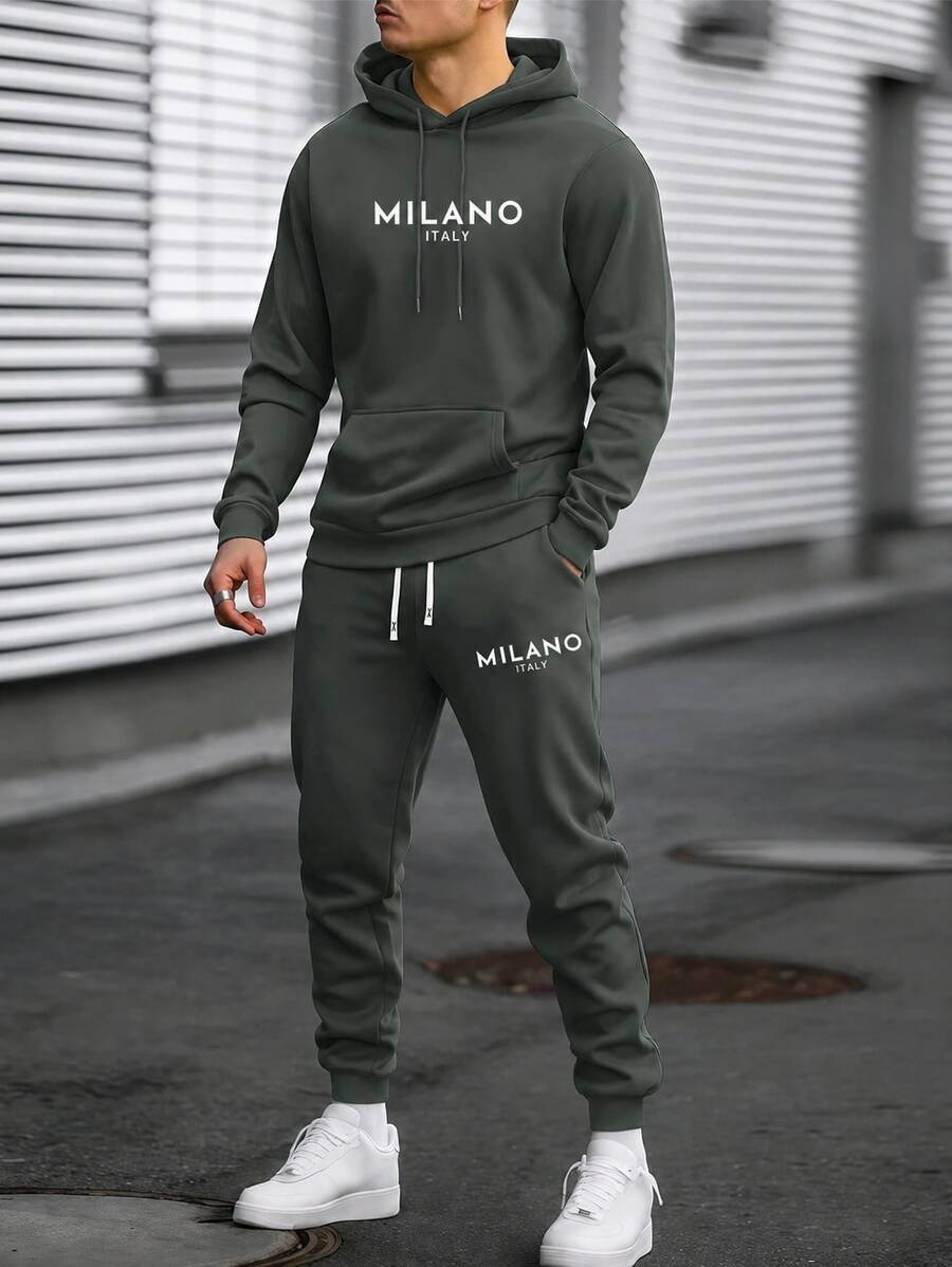 Men's Lightweight Milan Letter Print Hoodie & Pants Set, Casual 2-Piece Outfit With Pockets And Drawstring Waist For Spring And Fall - Dark Green - View 1