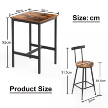 Bar Table And Stool Set, Dining Table With Two Chairs With Footrests, Metal Frame, Industrial Style Bar Table Set, Suitable For Dining Rooms, Living Rooms, Etc., 60cm*60cm*92cm - Rust Brown - View 2