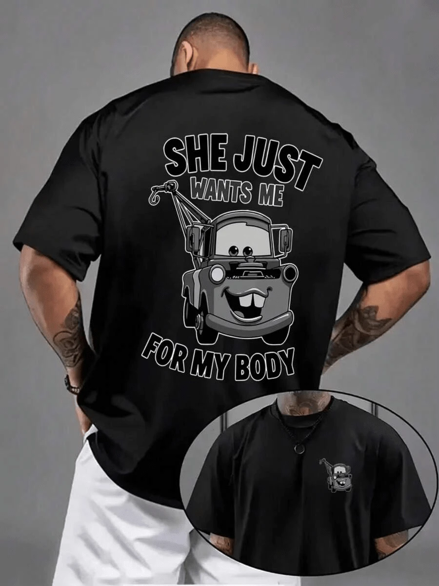 Disney Short-Sleeve T-Shirt -Cars Mater T-Shirt, Featuring The Humorous Text: "SHE JUST WANTS ME FOR MY BODY", Slightly Stretchy Round Neck, Machine Washable, Spring Summer Fall Top, Versatile Seasonal Shirt, Comfort Fit Shirt, Everyday Wear Top, Soft Fabric, Printed T-Shirt. - Black - View 1