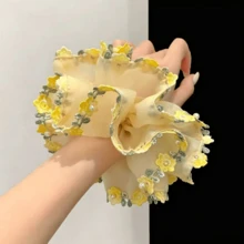 1件黃色網格刺繡花卉髮圈，雙層髮飾，波點休閒聚酯纖維髮圈，適用於春季/夏季彈性髮帶 - 黃色 - 查看 3