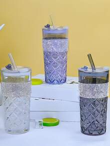 1pc Blue Crystal Glass Cup With Diamond Straw Bottle, Colorful Transparent Glass Cup For Drinks, Water, Coffee, Suitable For Home And Office - Multicolor - View 2