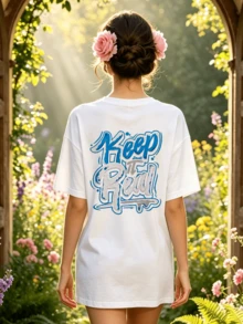 Women's Summer Casual Soft Round Neck Short Sleeve T-Shirt,The Keep It Real Graffiti Print Graphic Fits Casual Spring And Summer Wear. - Blanco - Ver 4
