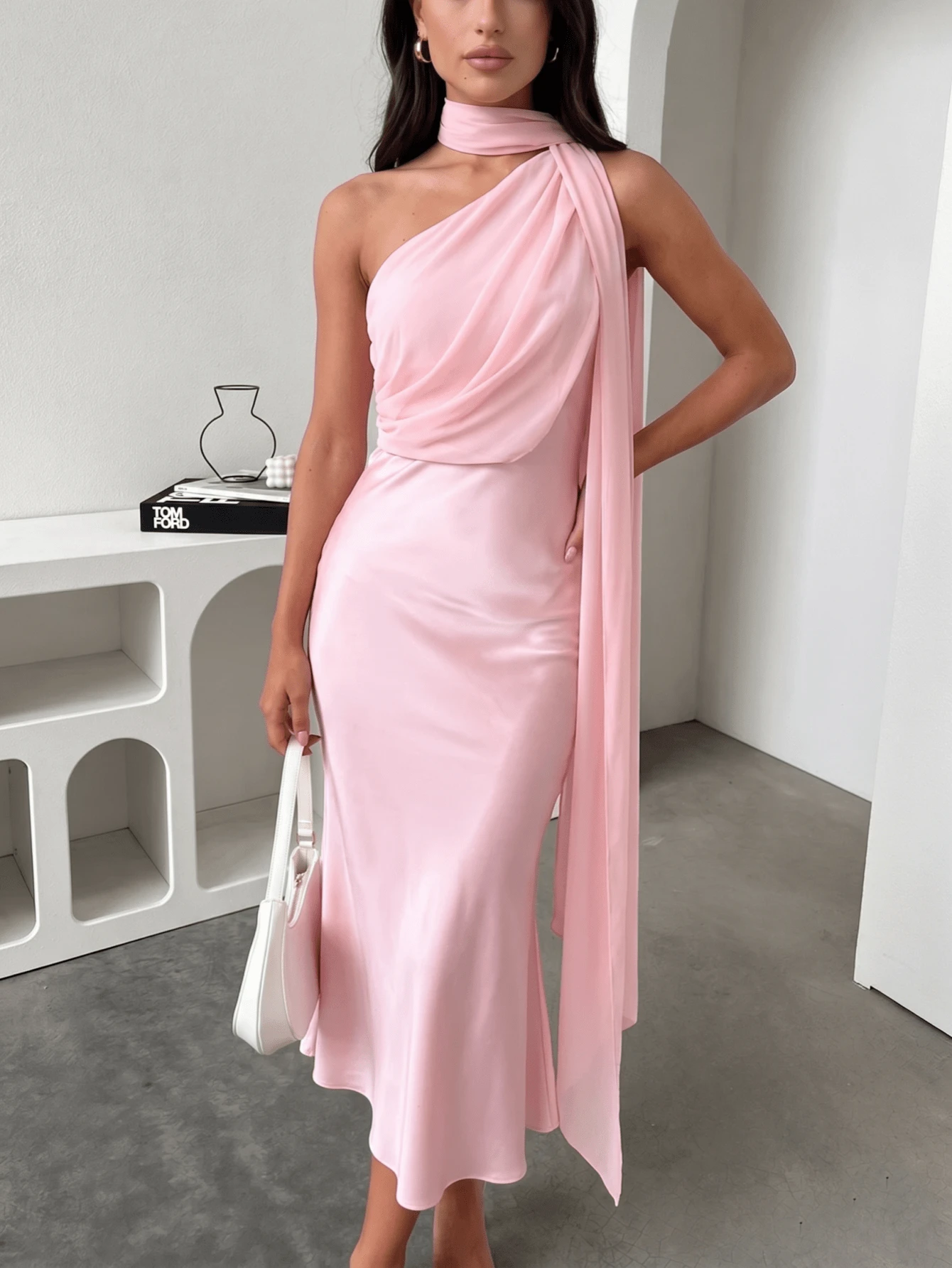 Fitted Halter Backless Peplum Dress With Flowing Sash - Pink - View 1