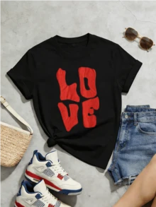 Women's Summer Casual Soft Round Neck Short Sleeve T-Shirt,Red "LOVE" Wavy Text Print Graphic Suitable For Spring Summer.Black - Black - View 5