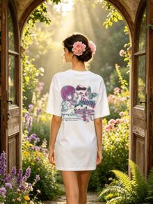 T-shirt casual de verão para mulher, macia, de gola redonda e manga curta, com estampado gráfico de caveira e cogumelo, adequada para looks de primavera e verão, branca - Preto - Ver 2