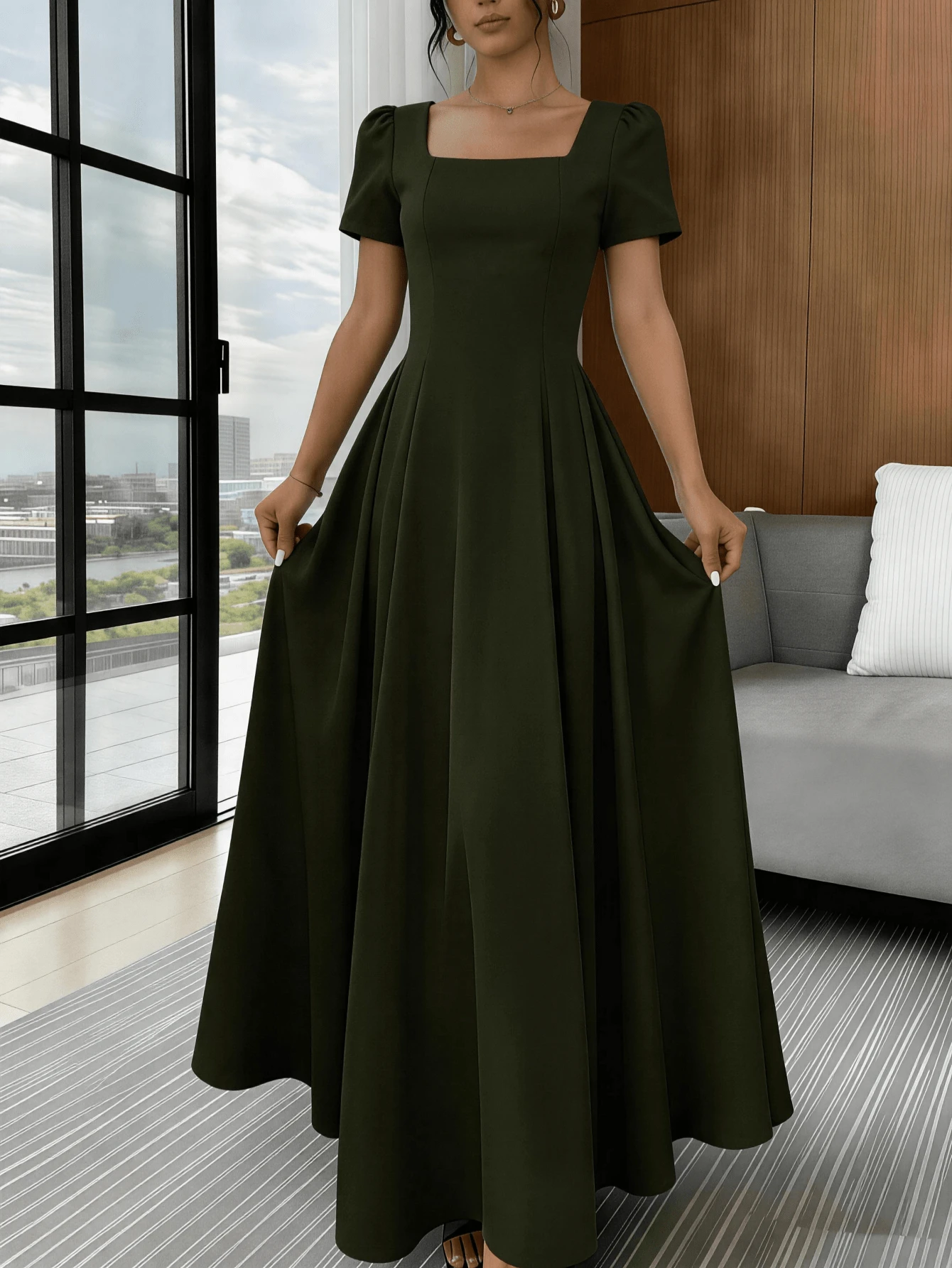 Long Dress With Short Sleeves, Square Neckline, Solid Color, Elegant, Sizes S M L - 軍綠色 - 查看 1