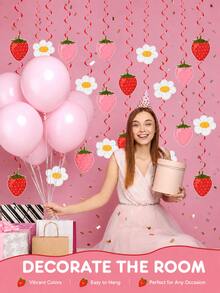 2set Strawberry Daisy Hanging Swirl Decorations, Red Spiral Ceiling Streamers With Pink Strawberry & Flower Cutouts, Berry Sweet Fruit Theme Party Decor, Summer Birthday Party Supplies, Garden Tea Party Dessert Table Backdrop - Strawberry Spiral Ribbon - View 7