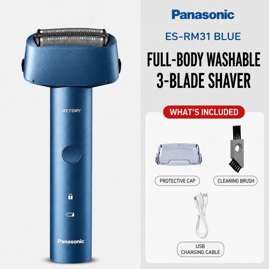 Panasonic ES-RM31 Rechargeable Electric Shaver For Men, 3-Blade Foil Shaver With Type-C Charging, Floating Shaving Head, Wet & Dry Use - Navy Blue - View 1