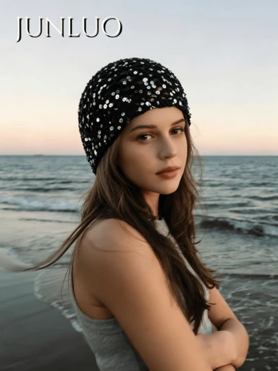1 pieza Gorro de punto con flores de lentejuelas caladas, casual para vacaciones en la playa