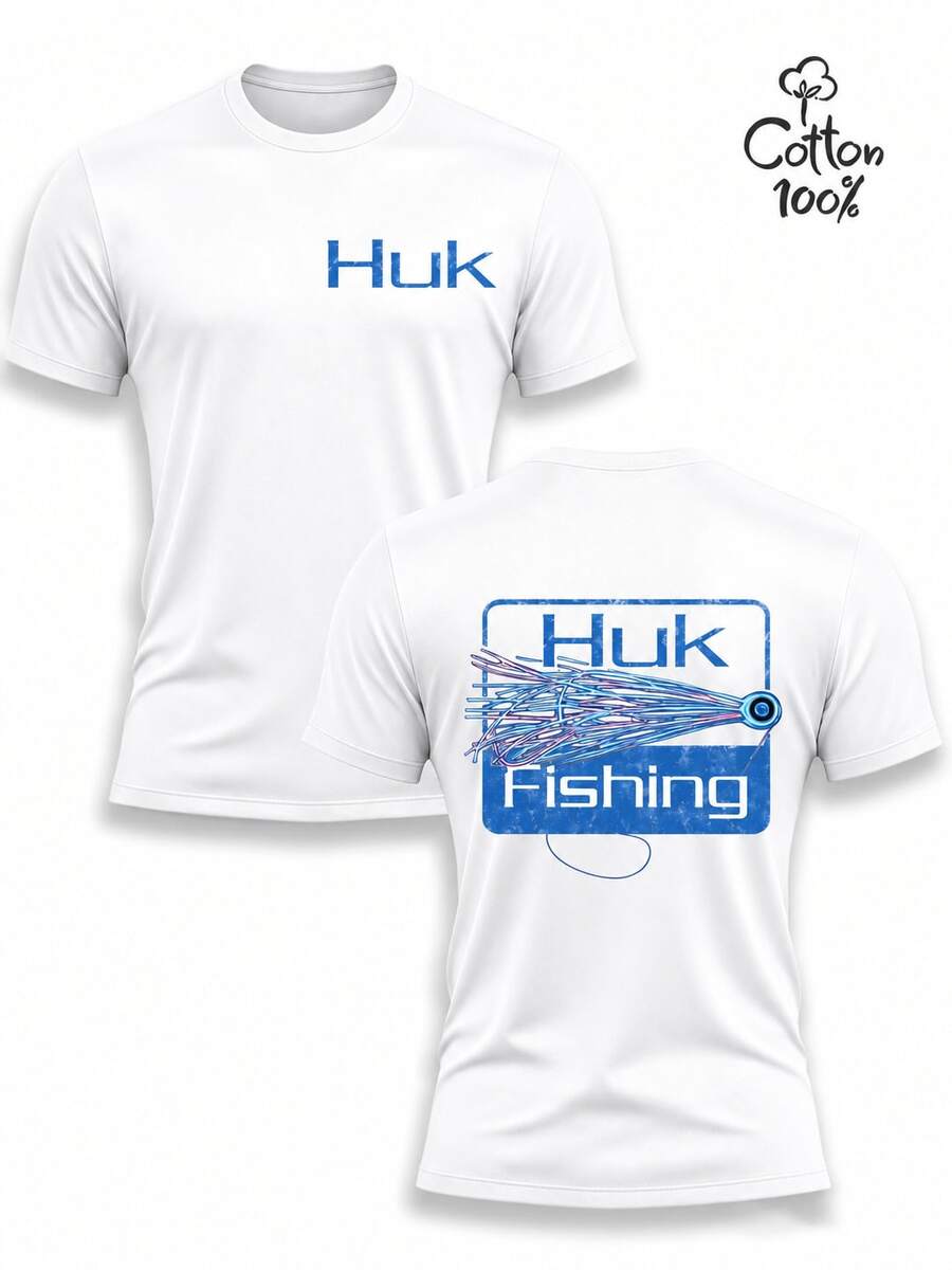 Huk Fishing Lure Short Sleeve T‑Shirt Collection, 6‑Style All‑Match Tees Featuring Classic Texas Rig, Jig, Spinner, Crank Fishing Bait Patterns, Vintage Distressed Blue Square Prints, Matching Front Chest Huk Logo And Sleeve Printing, Black Loose‑Fit Crew Neck Design Made Of Soft Breathable Fabric. Ideal For Fishing Enthusiasts, Outdoor Lovers And Casual Wearers, Perfect For Fishing Trips, Camping Activities, Weekend Getaways And Daily Leisure Outfits. This Series Combines Practical Outdoor Performance With Eye‑Catching Fishing‑Themed Elements, Offering Diverse Styles To Meet The Personalized Dressing Needs Of Anglers And Outdoor Lovers. - White - View 1