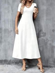 [Pocketless Edition] Qstar White Dress, Women's Large-Sized Long Skirt Summer T-Shirt Dress Casual V-Neck Short Sleeved Long Version Dress Loose Fit , Summer Dress, Casual Soft Dress, Vacation/Beach/Holiday Dress, Summer Date. - trắng - Xem 3