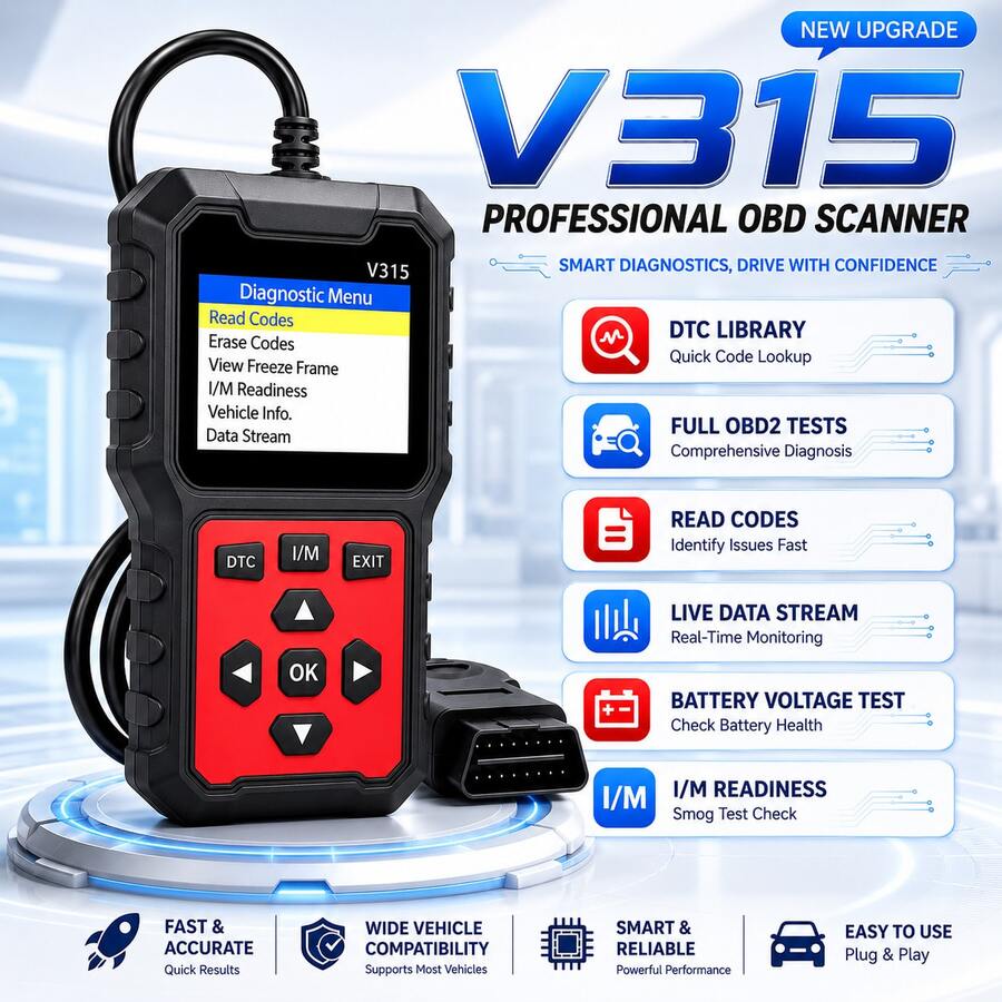 V315 Escáner OBD2 sin batería, probador de voltaje automático, herramienta profesional de diagnóstico de códigos de motor para vehículos 1996+ - Caparazón rojo con pegatina negra - Ver 1
