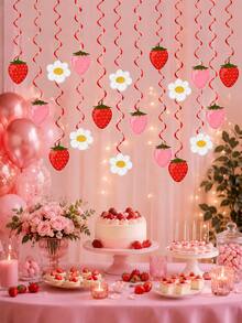 2set Strawberry Daisy Hanging Swirl Decorations, Red Spiral Ceiling Streamers With Pink Strawberry & Flower Cutouts, Berry Sweet Fruit Theme Party Decor, Summer Birthday Party Supplies, Garden Tea Party Dessert Table Backdrop - Strawberry Spiral Ribbon - View 6