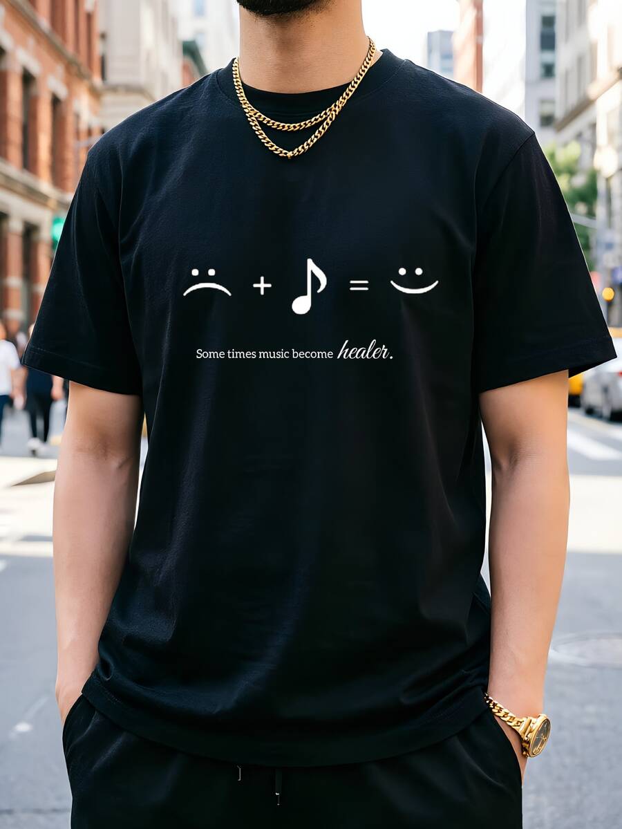 Men's 180g Cotton T-Shirt, "Music Heals" Face Equation Graphic Tee, Minimalist Music Lover Streetwear Top, S-3XL, Gift For Music Fans & Mood Boost Enthusiasts, Men Clothes, Mens Clothing, Men Summer Outfit, Graphic T Shirt - Black - View 1