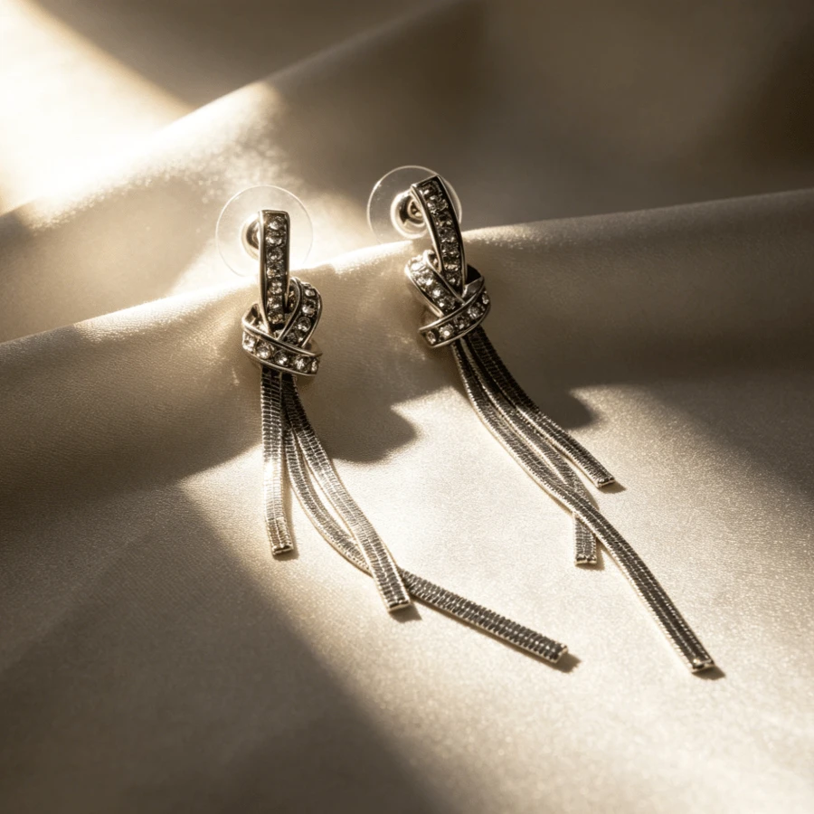 JOJELOO 1 Pair Rhinestone Knot Tassel Dangle Earrings, Silver Long Chain Women's Earrings - Earring - View 1