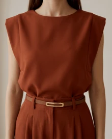 Women's Set: Summer Sleeveless Solid Color Round Neck Top And Wide Leg Pants With Belt And Bag - Camel - View 2