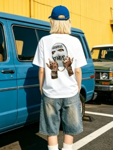 T-shirt d'été décontracté pour femmes, col rond doux, manches courtes, imprimé graphique Glorious Genius Ski Mask, convient pour le streetwear du printemps et de l'été. - Blanc - Voir 2