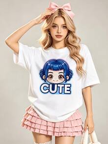 Women's Summer Casual Soft Round Neck Short Sleeve T-Shirt,Chibi "CUTE" Girl Print Graphic Suitable For Spring Summer.White - White - View 4