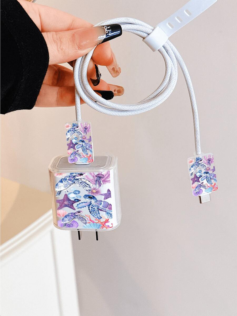 Funda protectora de cable de carga con diseño de tortuga marina, compatible con cargador Apple de 20W, funda protectora minimalista para cargador Apple, se ajusta al cable de carga de teléfono 15/16 Pro Max de 20W, resistente a arañazos y mordeduras, adecuado para 13/14 Plus - Multicolor - Ver 1