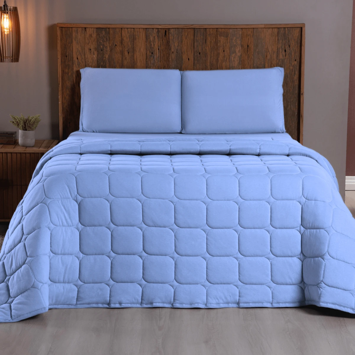 Double Bedspread Set, 100% Cotton Knit, 3 Pieces - Light Blue - View 1
