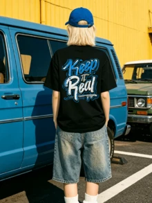 Women's Summer Casual Soft Round Neck Short Sleeve T-Shirt,The Keep It Real Graffiti Print Graphic Fits Casual Spring And Summer Wear. - Negro - Ver 2