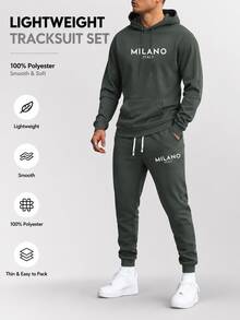 Men's Lightweight Milan Letter Print Hoodie & Pants Set, Casual 2-Piece Outfit With Pockets And Drawstring Waist For Spring And Fall - Dark Green - View 3