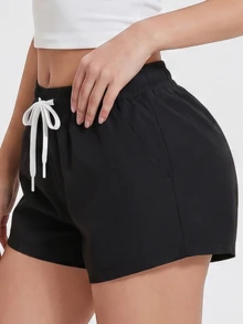 KyrLssu Elastic Waist Drawstring Casual Shorts With Side Pockets - Black - View 6