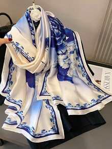 1件装女士仿丝印花披肩，百搭春秋时尚围巾，日常配饰及旅行装饰 - 藍白色 - 查看 4