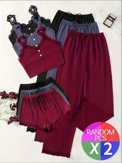 2 Sets (4Pcs) Women's Comfort Knitted Pajamas, Sexy Sleepwear Top & Pants Set, Available In Various Colors