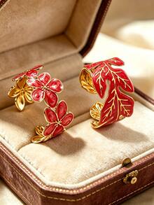 2pcs Elegant Enamel Plumeria/Tulip Shaped Stainless Steel Women's Bracelets For Daily Wear/Party/Holiday Gift - Yellow Gold - View 4