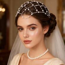 1pc Grid Headband Hair Chain, Minimalist Beaded Headpiece, Niche Design Bridal Wedding Hair Accessory,Head Jewelry - White - View 10