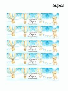 20 piezas/50 piezas Etiquetas personalizadas de botella de agua con diseño de oso de peluche y globo de aire caliente, empaque de cumpleaños personalizado "Bienvenido a T", regreso a la escuela - Multicolor - Ver 11