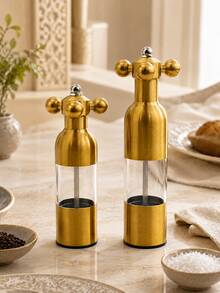 1 pieza Molinillo de especias de acero inoxidable para cocina, molinillo manual de sal y pimienta con contenedor de especias transparente, molinillo de pimienta recargable para el hogar, la mesa y el restaurante - Dorado - Ver 2
