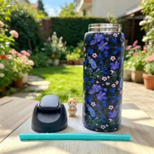 32oz Stainless Steel Insulated Water Bottle - Available In Various Floral Patterns / Keeps Drinks Hot Or Cold / Features A Stainless Steel Body, A Push-Button Dustproof Lid, And A Plastic Straw. - màu đen - Xem 2