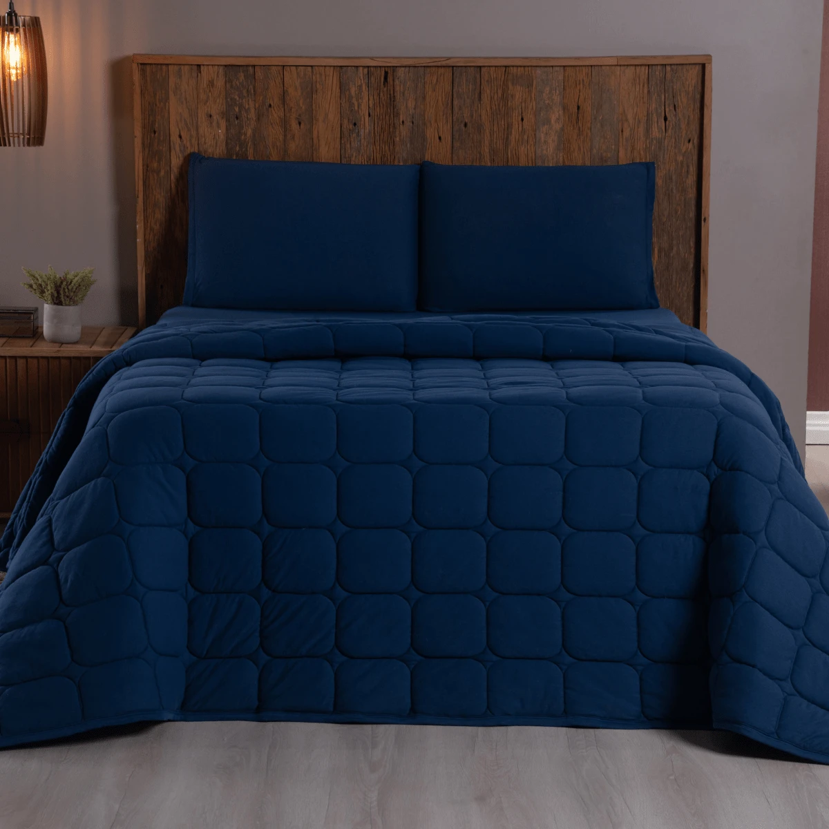 Cobre Leito Casal Malha 100% Algodão 3 Peças - Azul Marinho - Visão 1
