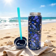 32oz Stainless Steel Insulated Water Bottle - Available In Various Floral Patterns / Keeps Drinks Hot Or Cold / Features A Stainless Steel Body, A Push-Button Dustproof Lid, And A Plastic Straw. - màu đen - Xem 6