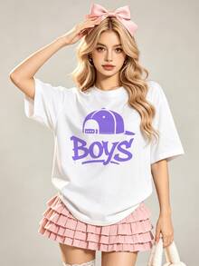 Women's Summer Casual Soft Round Neck Short Sleeve T-Shirt,Purple Boys Cap Print Graphic Suitable For Spring Summer.Black - White - View 4