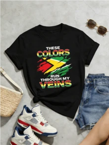 Women's Summer Casual Soft Round Neck Short Sleeve T-Shirt,Guyana Flag Pride Print Graphic Suitable For Spring Summer.Black - Black - View 5